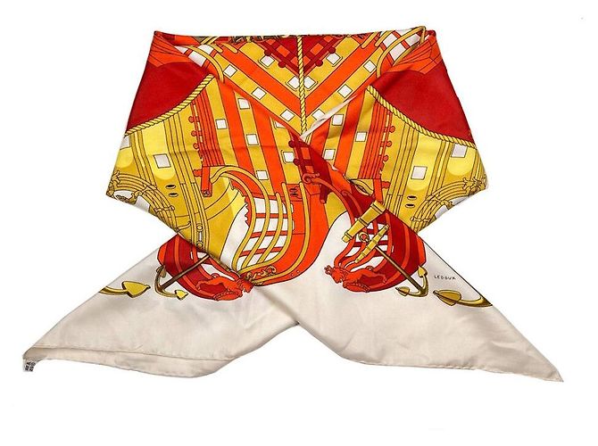 Hermès Sciarpa in seta PROUES Avorio Arancione Bianco - vista 4