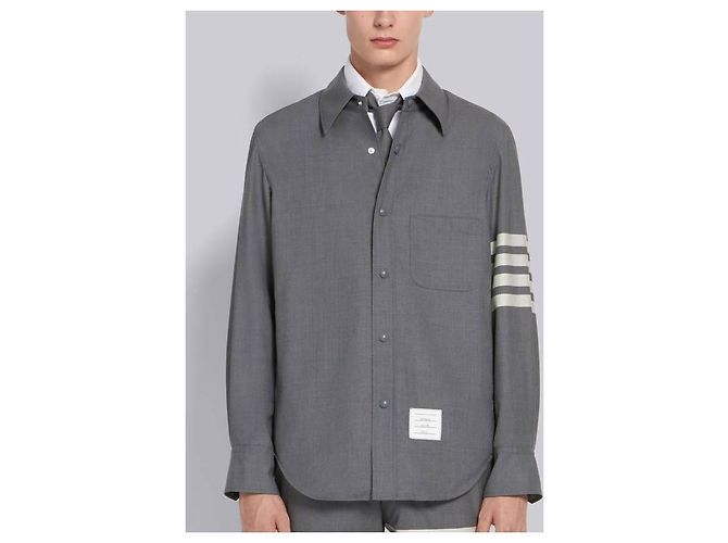 Thom Browne Stripe Plain Woven Wool Snap Button Shirt Jacket - view 4