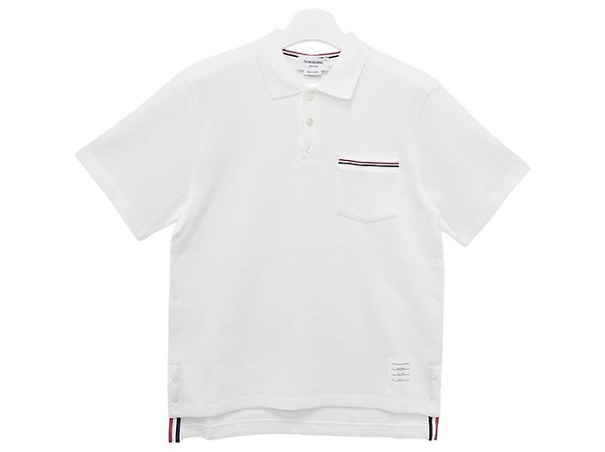 Thom Browne Polo a maniche corte in interlock con tasca e tre righe bianche Bianco - vista 13