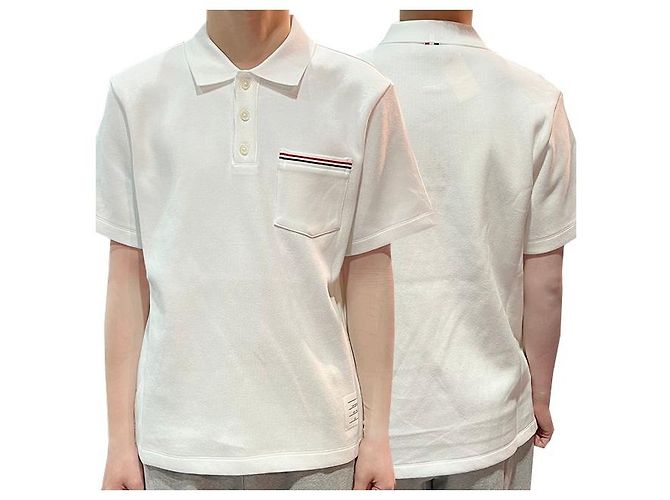 Thom Browne Polo a maniche corte in interlock con tasca e tre righe bianche Bianco - vista 8