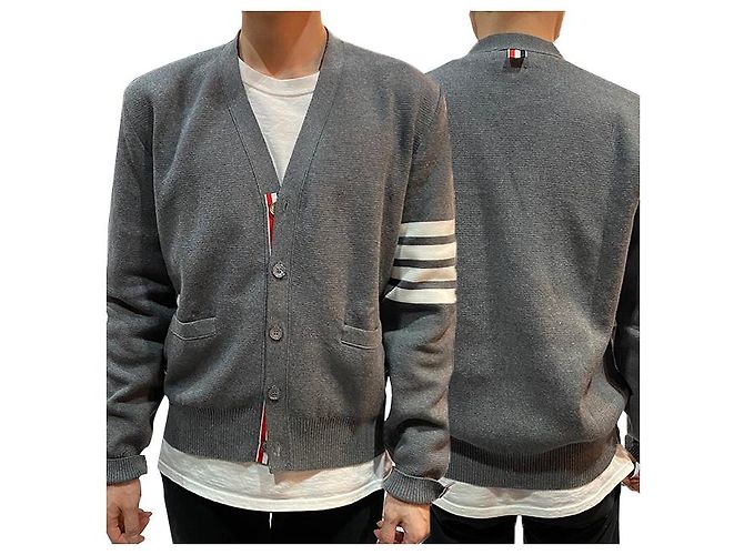 Thom Browne Milano Stitch Overbrand Bar Cardigan Mittelgrau Braun - Ansicht 13