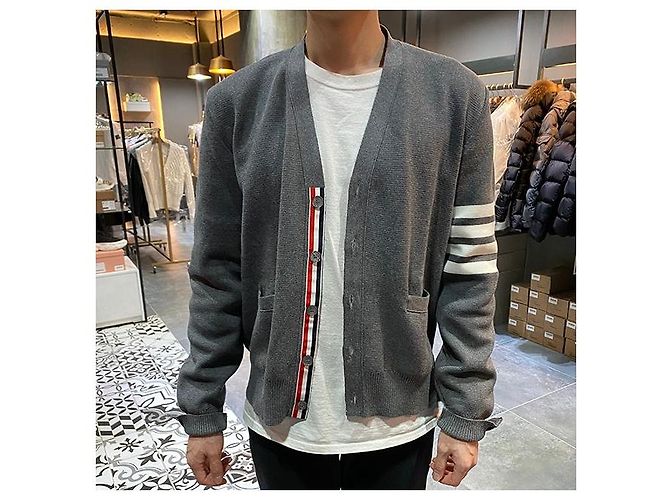 Thom Browne Milano Stitch Overbrand Bar Cardigan Mittelgrau Braun - Ansicht 6