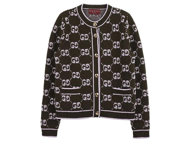 Gucci GG Woll Boucle Jacquard Cardigan Grün - Ansicht 3