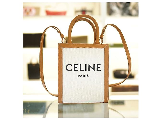 Céline Vertikale Canvas Cabas Tasche Weiß Braun Leder - Ansicht 10