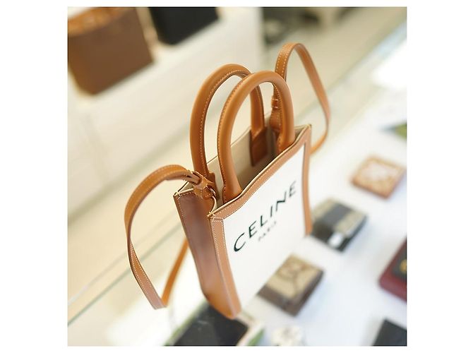 Céline Vertikale Canvas Cabas Tasche Weiß Braun Leder - Ansicht 11