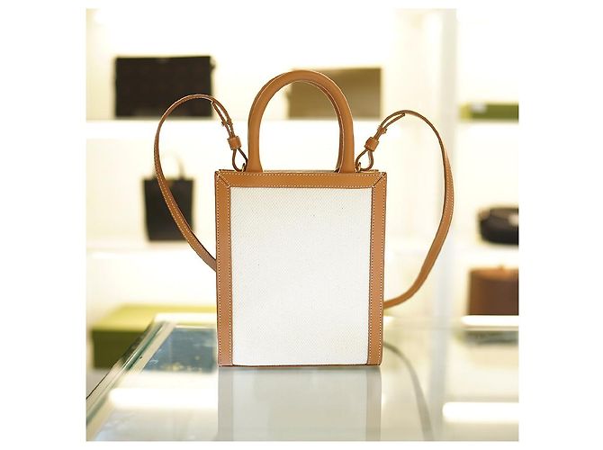 Céline Vertikale Canvas Cabas Tasche Weiß Braun Leder - Ansicht 12