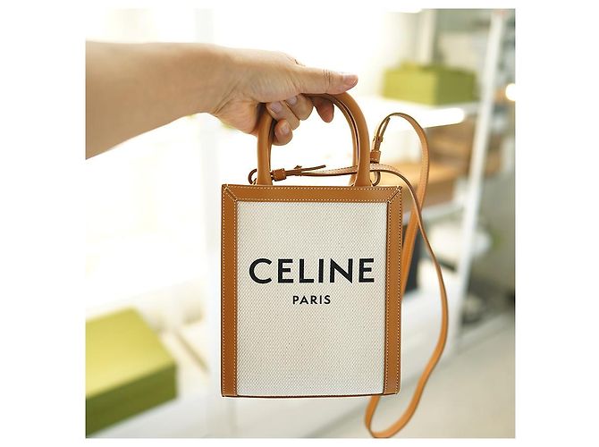 Céline Vertikale Canvas Cabas Tasche Weiß Braun Leder - Ansicht 13