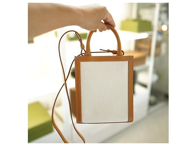 Céline Vertikale Canvas Cabas Tasche Weiß Braun Leder - Ansicht 15