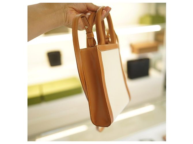 Céline Vertikale Canvas Cabas Tasche Weiß Braun Leder - Ansicht 16