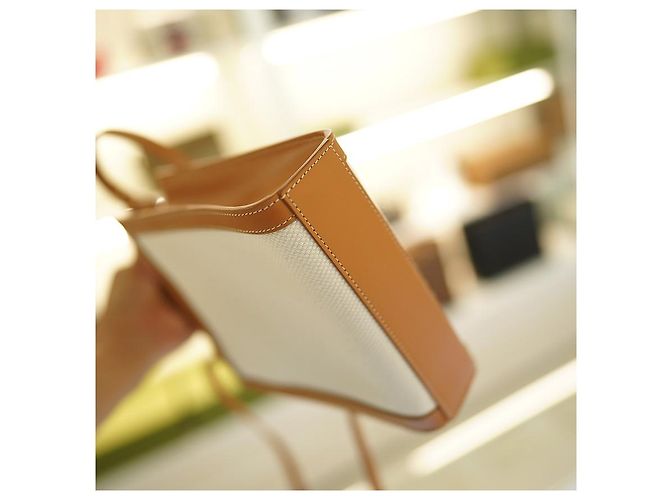 Céline Vertikale Canvas Cabas Tasche Weiß Braun Leder - Ansicht 18