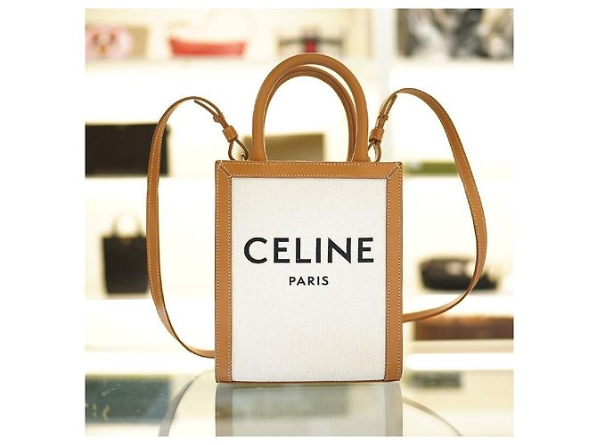 Céline Vertikale Canvas Cabas Tasche Weiß Braun Leder - Ansicht 3