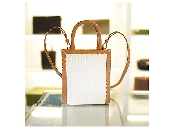 Céline Vertikale Canvas Cabas Tasche Weiß Braun Leder - Ansicht 4