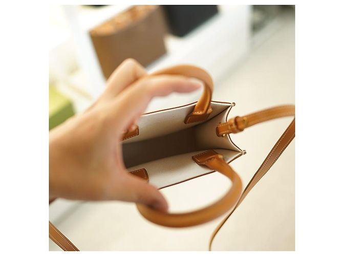 Céline Vertikale Canvas Cabas Tasche Weiß Braun Leder - Ansicht 5