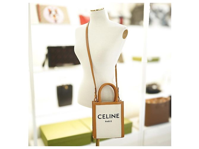 Céline Vertikale Canvas Cabas Tasche Weiß Braun Leder - Ansicht 6