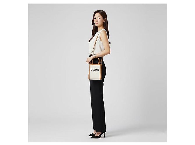 Céline Vertikale Canvas Cabas Tasche Weiß Braun Leder - Ansicht 7