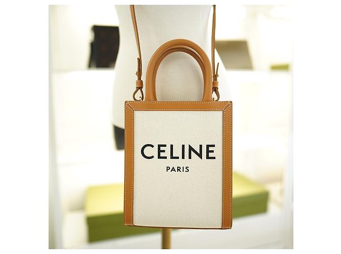 Céline Vertikale Canvas Cabas Tasche Weiß Braun Leder - Ansicht 8