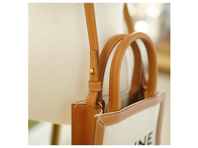 Céline Vertikale Canvas Cabas Tasche Weiß Braun Leder - Ansicht 9