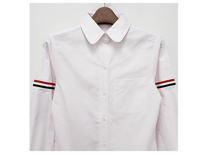 Thom Browne Camicia Oxford a righe con fascia a tre righe per donne Rosa chiaro - vista 16