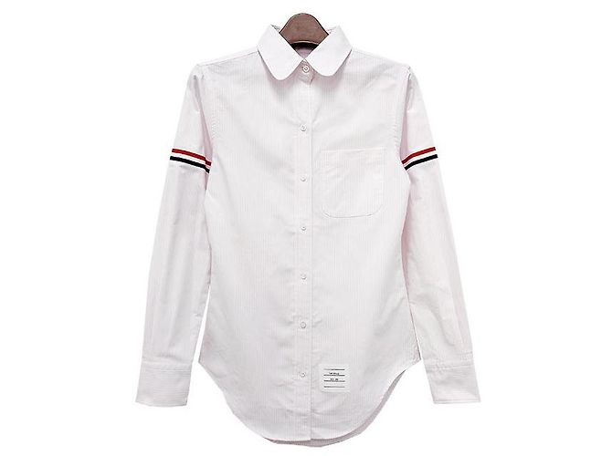 Thom Browne Camicia Oxford a righe con fascia a tre righe per donne Rosa chiaro - vista 2