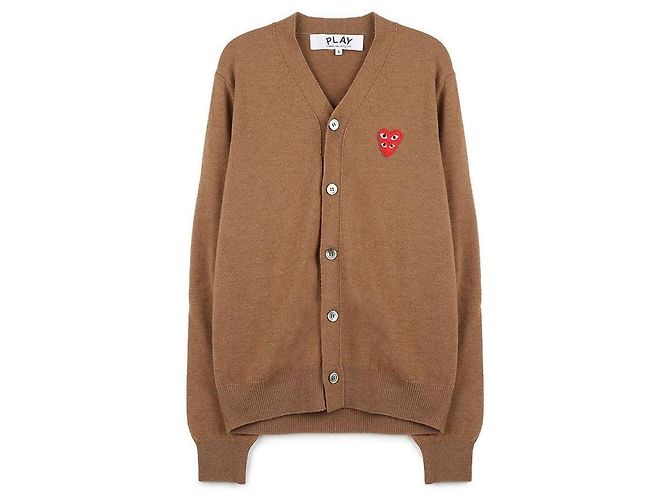 Comme Des Garcons Cardigan Marrone con Patch a Cuore Doppio Rosso - vista 3