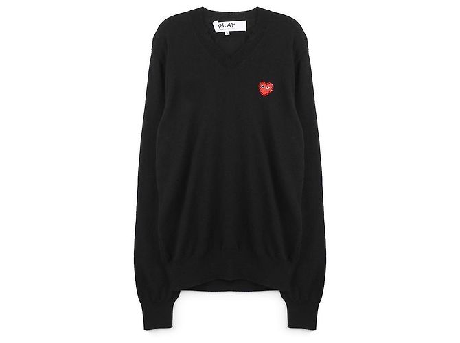 Comme Des Garcons Suéter negro con cuello en V y strass en forma de corazón rojo - vista 3