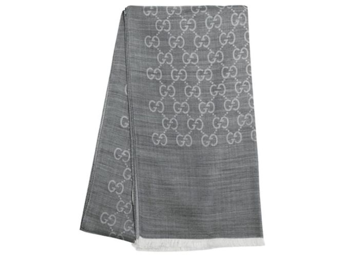 Gucci Sciarpa bicolore in lana e seta GG jacquard grigio chiaro Marrone - vista 3