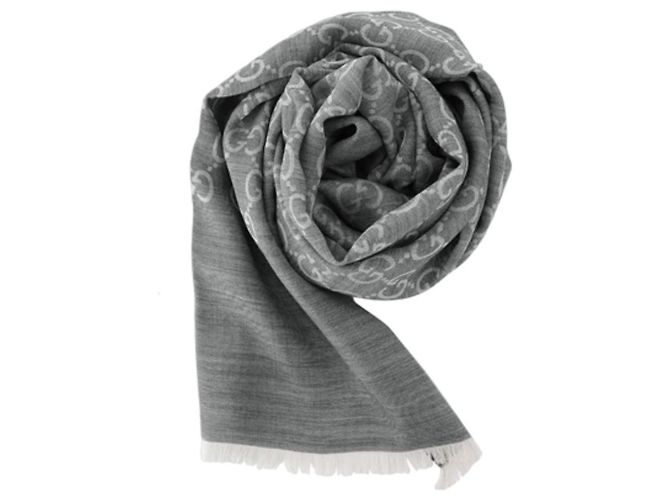 Gucci Sciarpa bicolore in lana e seta GG jacquard grigio chiaro Marrone - vista 4