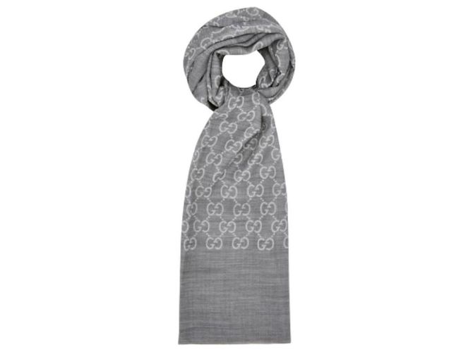 Gucci Sciarpa bicolore in lana e seta GG jacquard grigio chiaro Marrone - vista 7