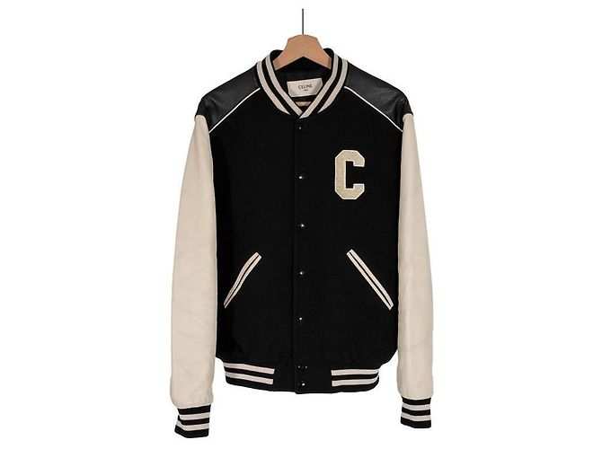 Céline Giacca Varsity Teddy Testurizzata Classica in Lana e Pelle con Logo da Uomo Bianco - vista 3