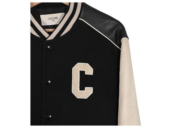 Céline Giacca Varsity Teddy Testurizzata Classica in Lana e Pelle con Logo da Uomo Bianco - vista 6