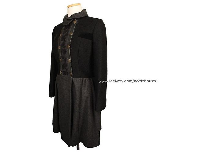 Etro Schwarzes graues Samt besticktes Kleid Wollmantel Braun - Ansicht 2