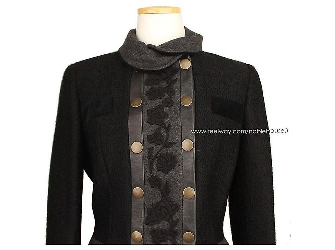 Etro Schwarzes graues Samt besticktes Kleid Wollmantel Braun - Ansicht 7