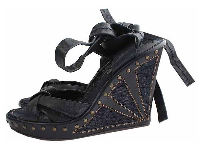 Fendi Sandali con zeppa in pelle denim indaco con cinturino Nero - vista 3