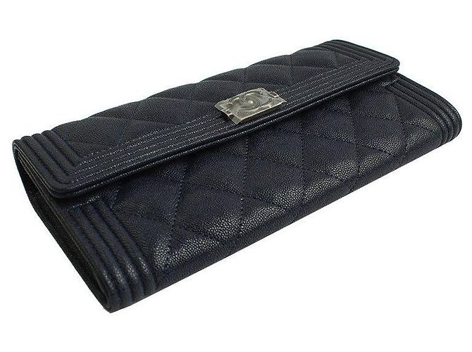Boy Chanel Cartera Larga de Caviar Suave Azul Marino Plata Serie Negro - vista 3