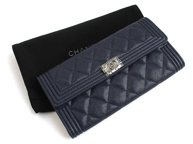 Boy Chanel Cartera Larga de Caviar Suave Azul Marino Plata Serie Negro - vista 6