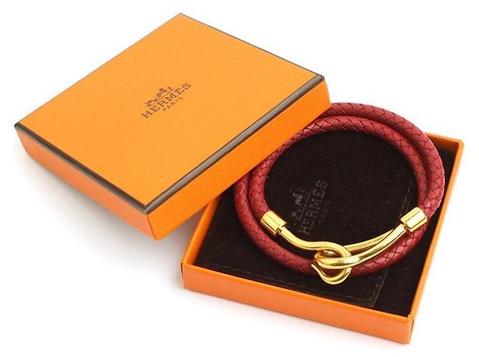 Hermès Colar e pulseira de couro trançado bordô com tom dourado Vermelho - vista 4