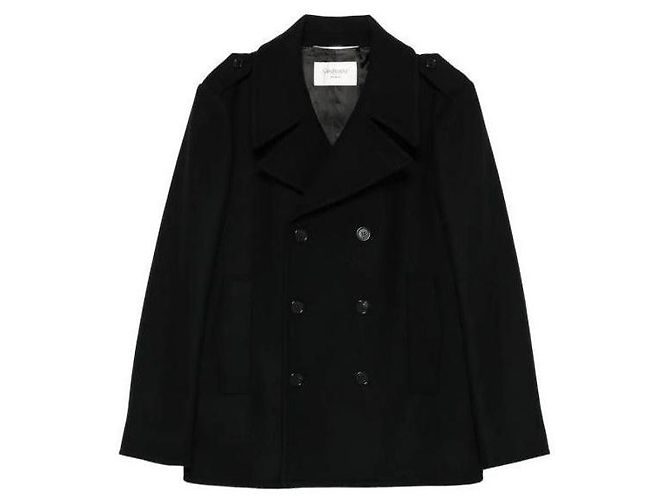 Saint Laurent Double Breasted Long Sleeve Coat Black - view 8