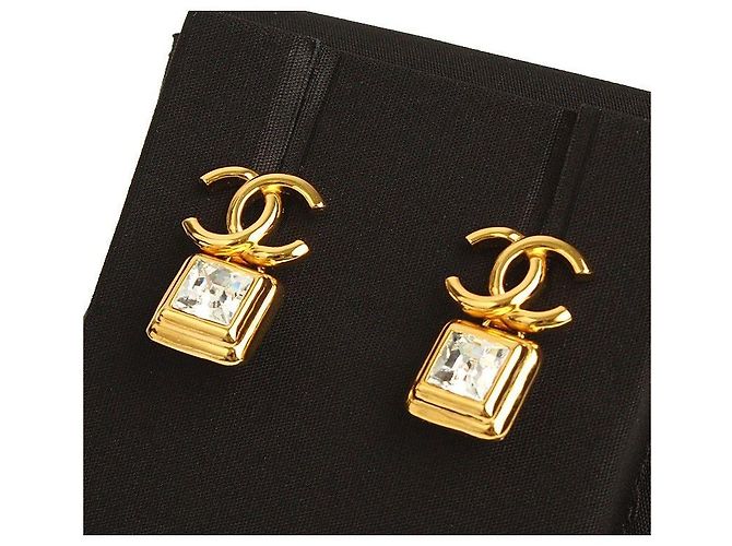 Chanel Orecchini quadrati in cristallo CC dorato D'oro - vista 4