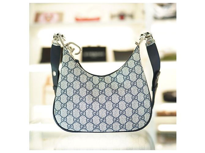 Gucci Borsa a spalla in tela beige e blu navy - vista 3