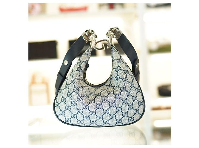 Gucci Borsa a spalla in tela beige e blu navy - vista 6