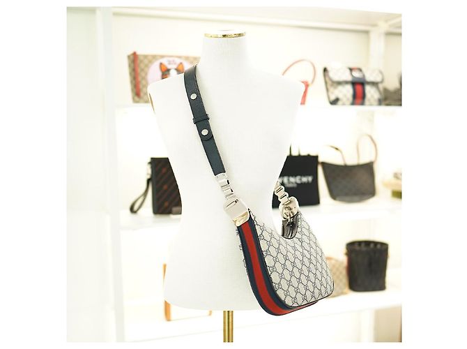 Gucci Borsa a spalla in tela beige e blu navy - vista 7