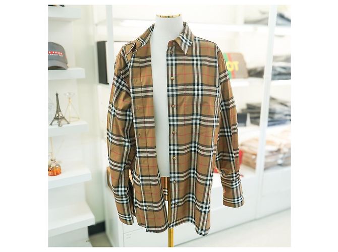 Burberry Camisa de manga larga para mujer en algodón camel a cuadros - Ropa de lujo Castaño - vista 12