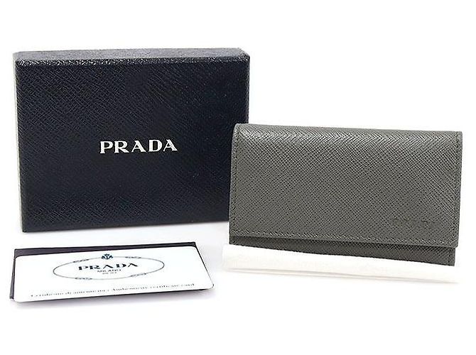 Prada Gray Saffiano Leather Silver Plated Key Case Brown - view 2