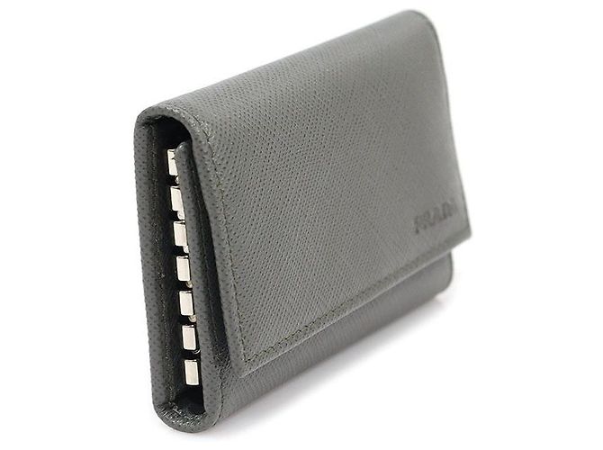 Prada Gray Saffiano Leather Silver Plated Key Case Brown - view 3
