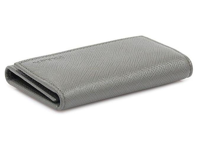 Prada Gray Saffiano Leather Silver Plated Key Case Brown - view 4