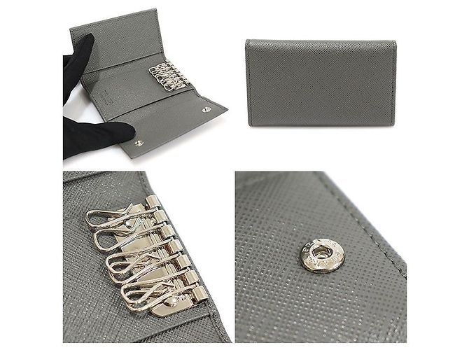 Prada Gray Saffiano Leather Silver Plated Key Case Brown - view 6