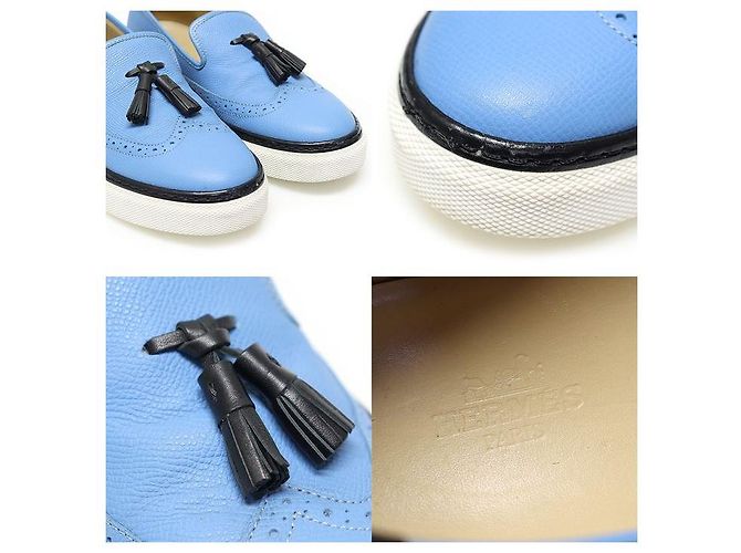 Hermès Mocassino in pelle bicolore blu e nero con nappine - vista 7