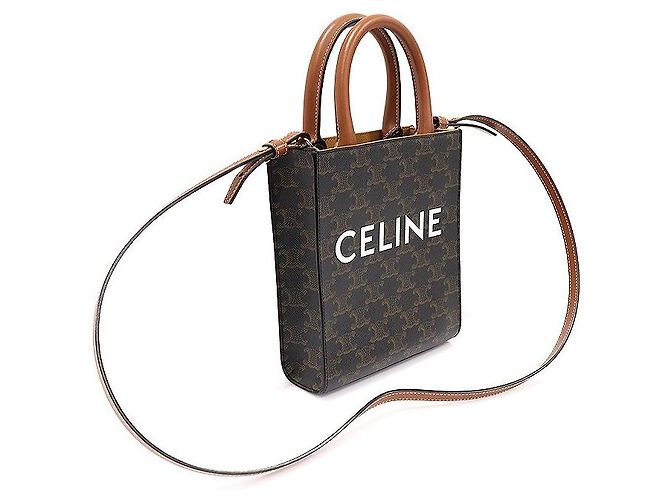 Céline Trio Tela Pelle di Vitello Tan Cabas Mini Vertical Nero - vista 3