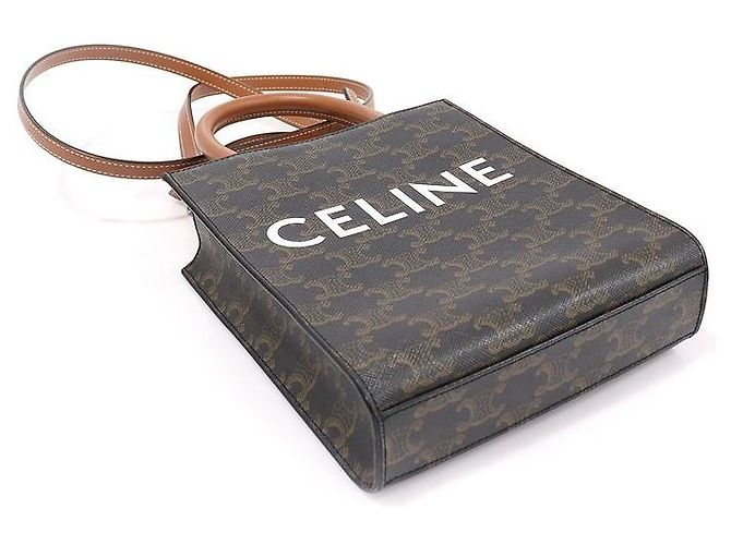 Céline Trio Tela Pelle di Vitello Tan Cabas Mini Vertical Nero - vista 5