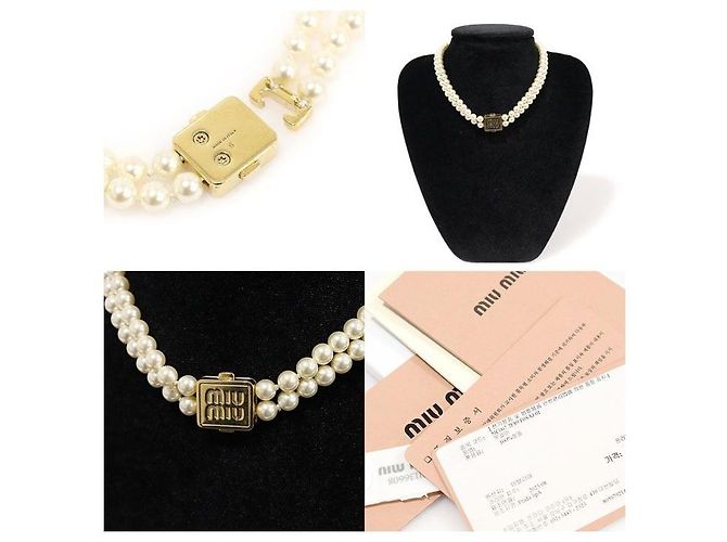 Miu Miu Collana Choker Doppia in Metallo Dorato con Perle - Ansicht 7